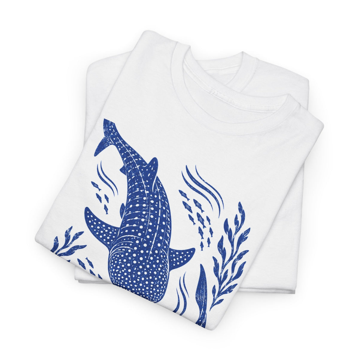Whale Shark Linocut T-Shirt Blue Block Print Ocean Seaweed Fish Tee