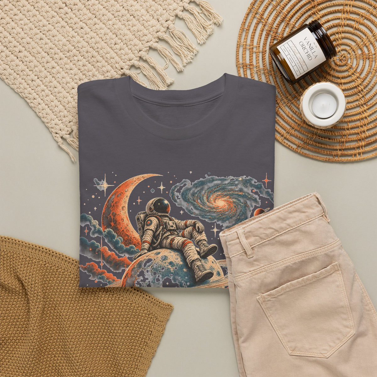 Astronaut on Saturn T-Shirt Chill Astronaut Ringed Planet Galaxy Crescent Moon Tee