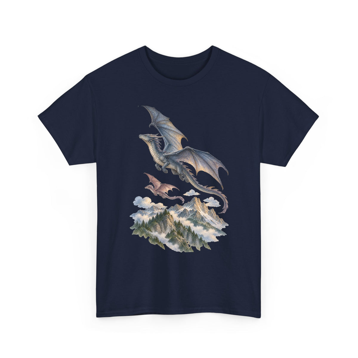 Twin Dragons Mountain Flight T-Shirt Fantasy Dragons Snowy Mountains Pine Forest Tee