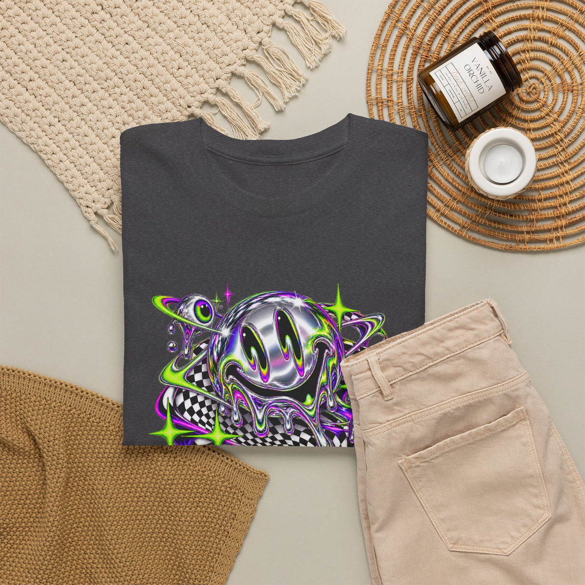 Chrome Melting Smiley T-Shirt Acid Trippy Y2K Psychedelic Tee