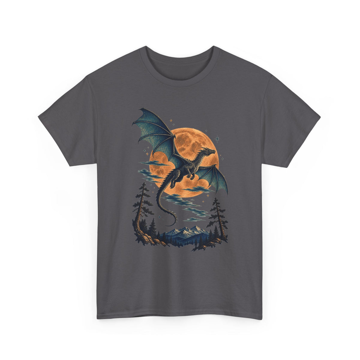 Dragon Full Moon Pine Forest T-Shirt Woodcut Fantasy Dragon Orange Moon Mountains Tee