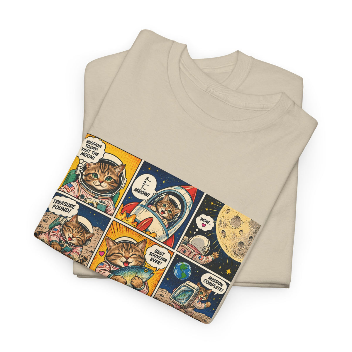 Astronaut Cat Comic T-Shirt, Space Cat Moon Mission Fish Funny Comic Strip Graphic Tee Unisex