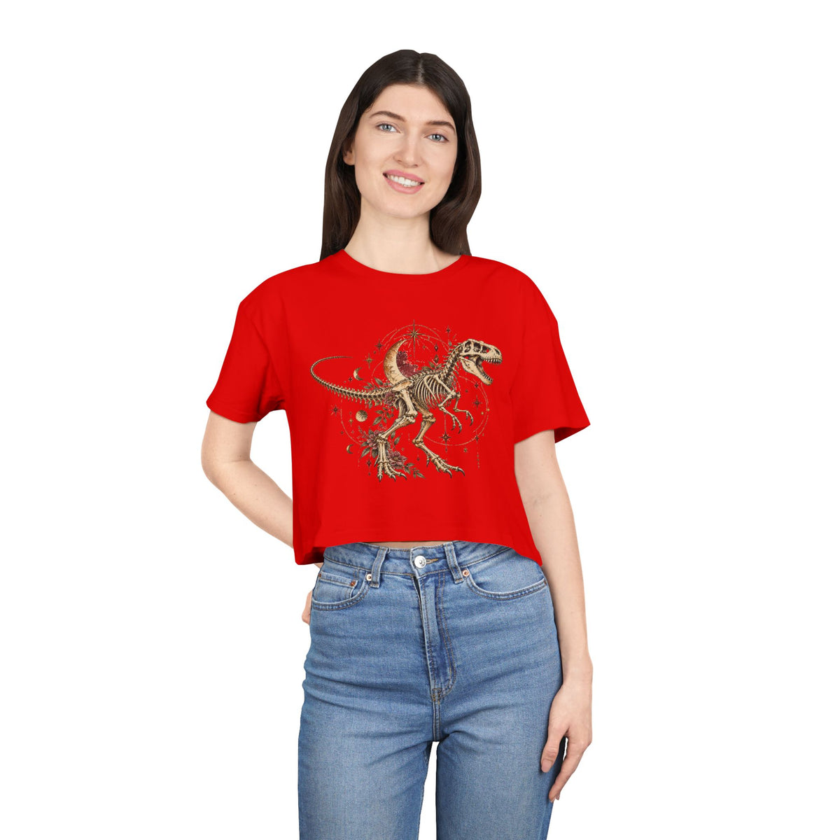 Celestial T-Rex Skeleton Crop Tee, Dark Academia Moon Stars Floral Dinosaur Women's Cropped T-Shirt