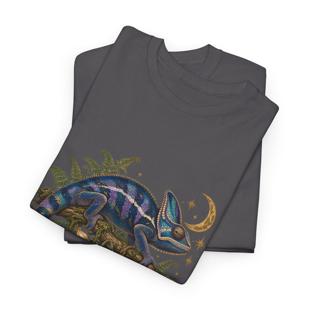 Night Bloom Chameleon T-Shirt Celestial Crescent Moon Ferns Reptile Tee