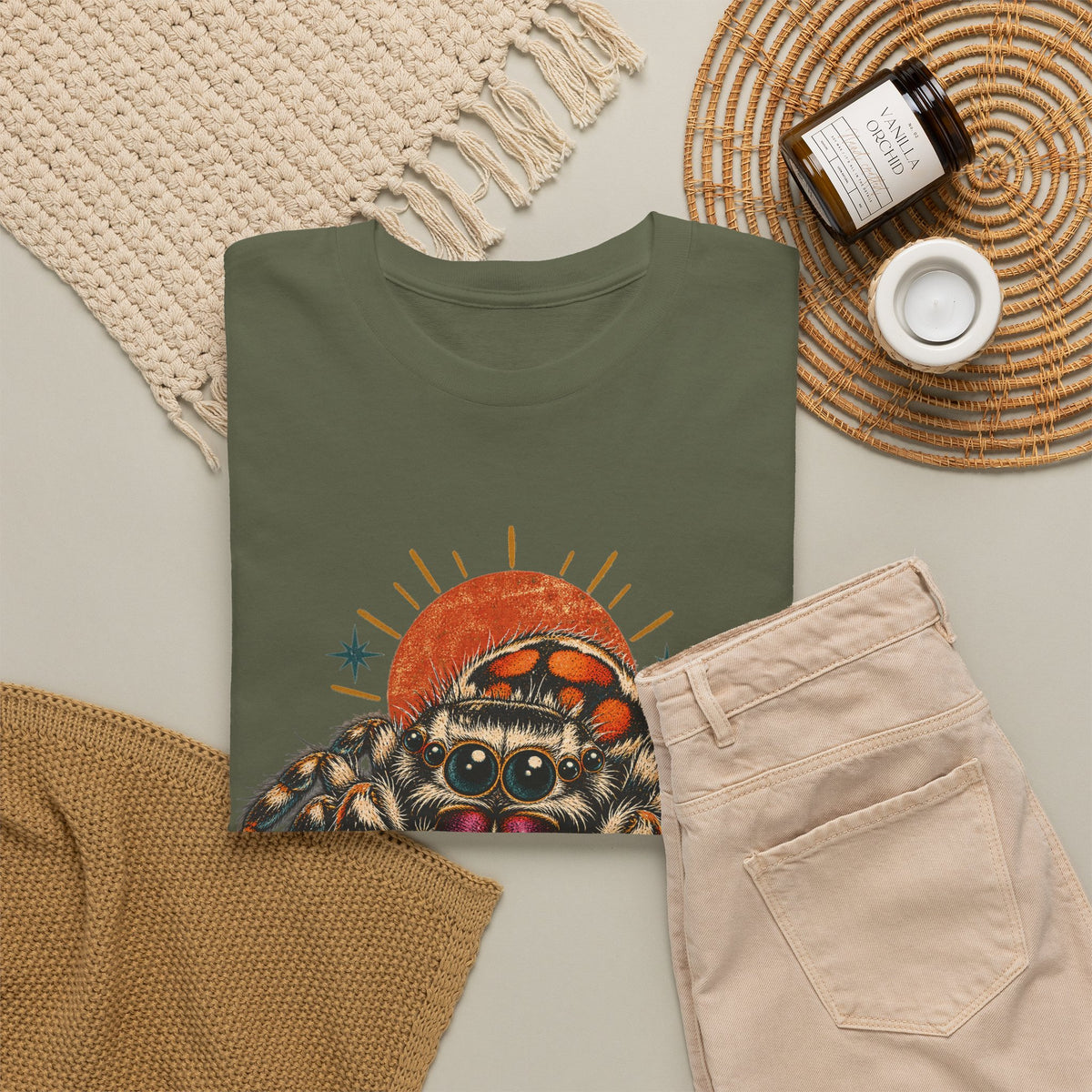 Jumping Spider Sunburst T-Shirt Cute Arachnid Orange Moon Tee