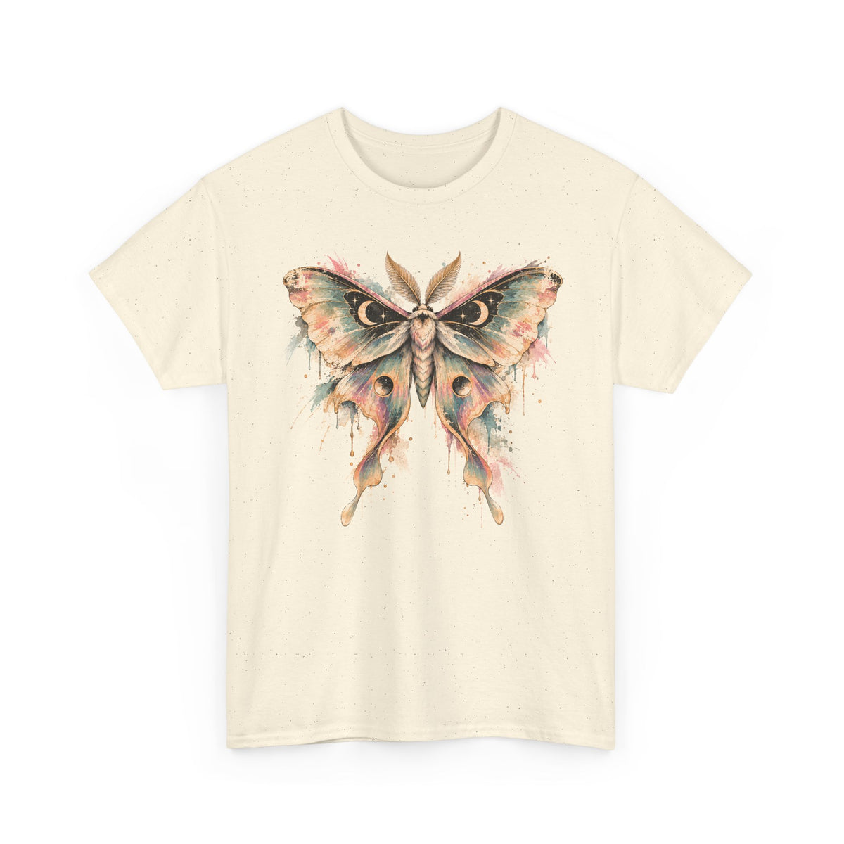 Celestial Luna Moth T-Shirt, Pastel Watercolor Moth Crescent Moon Stars Paint Drip Graphic Tee Unisex
