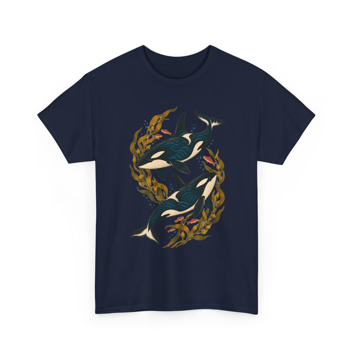 Orca Kelp Duo Tee Two Killer Whales Golden Kelp Forest Orange Fish Ocean Shirt