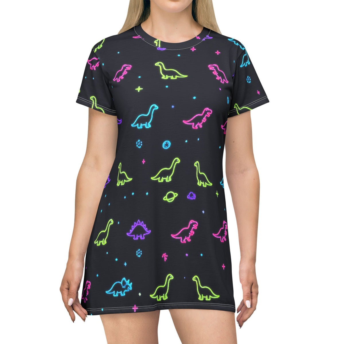 Neon Dinosaur Space T Shirt Dress Women All Over Print Galaxy Dino Stars Black