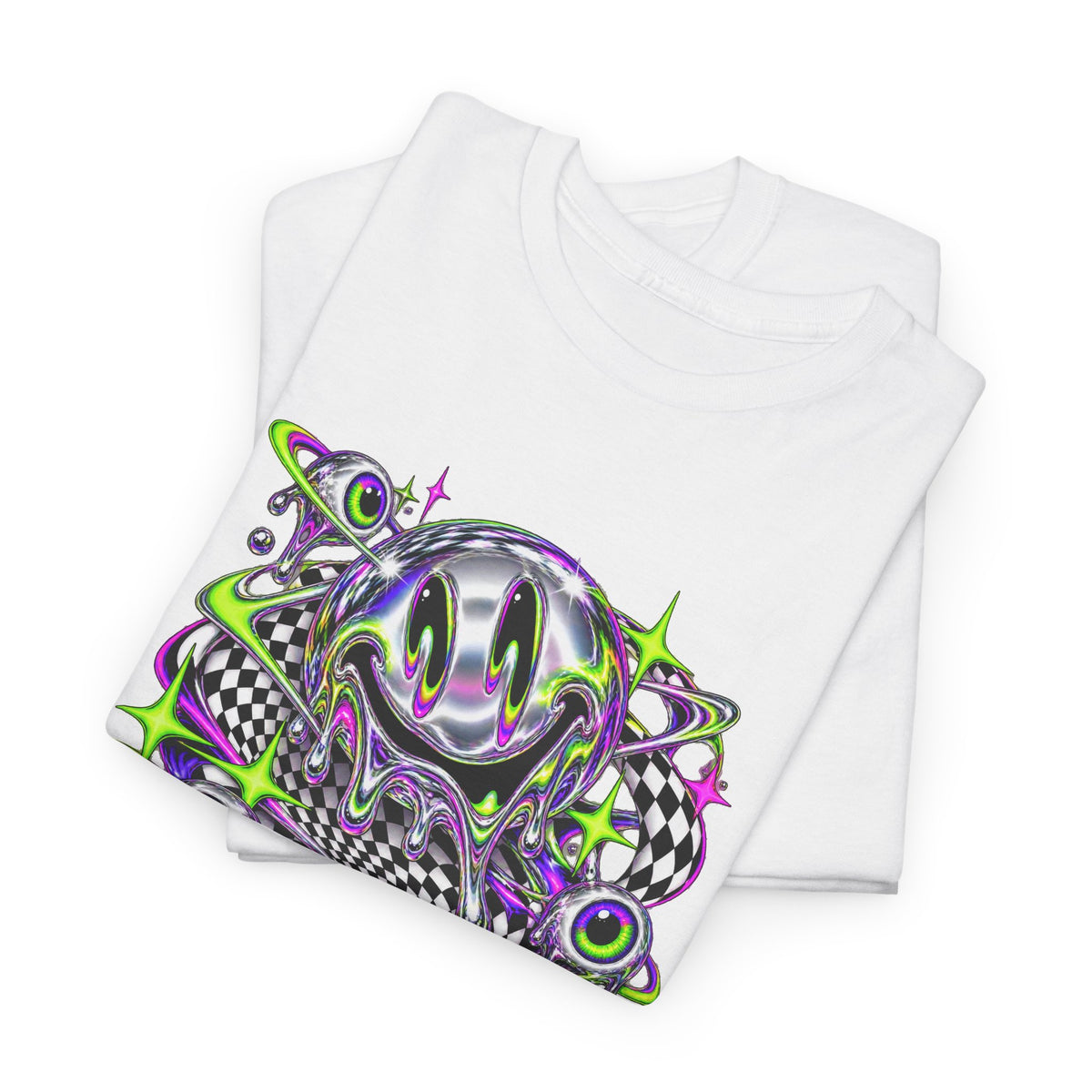Chrome Melting Smiley T-Shirt Acid Trippy Y2K Psychedelic Tee