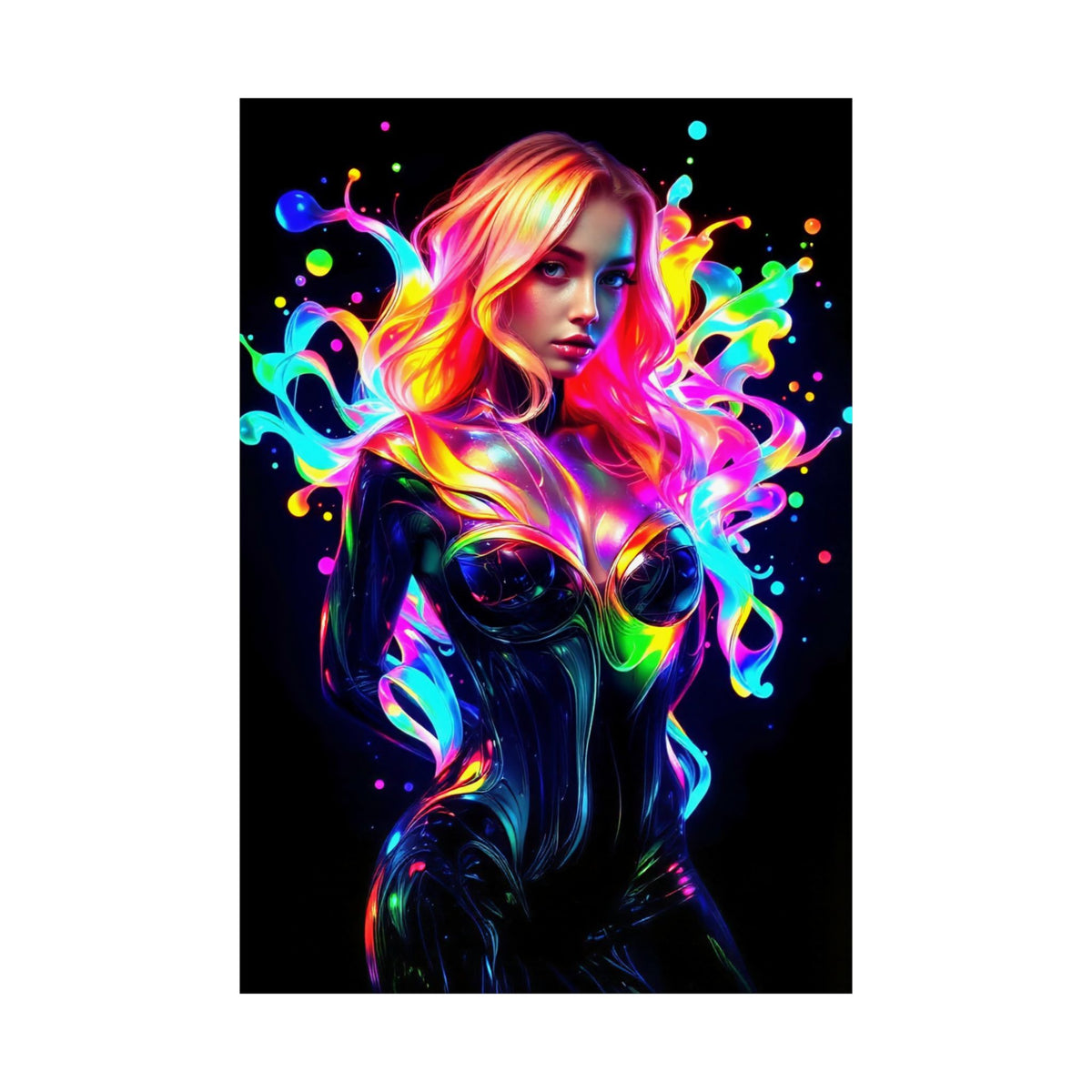 Neon Splash Rainbow Hair Woman Poster Matte Vertical Wall Art