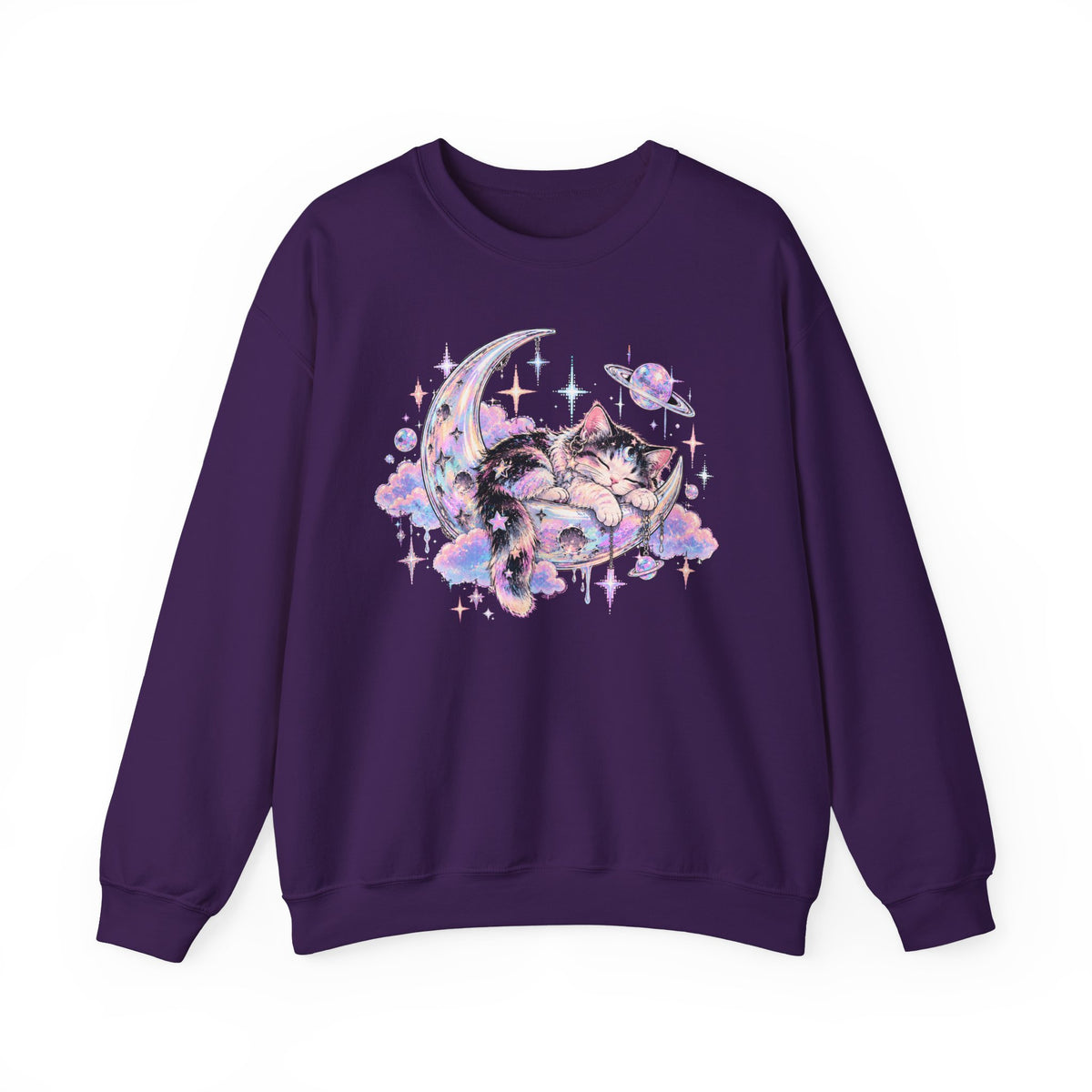 Sleeping Cat on Crescent Moon Sweatshirt Pastel Kawaii Celestial Kitten Crewneck