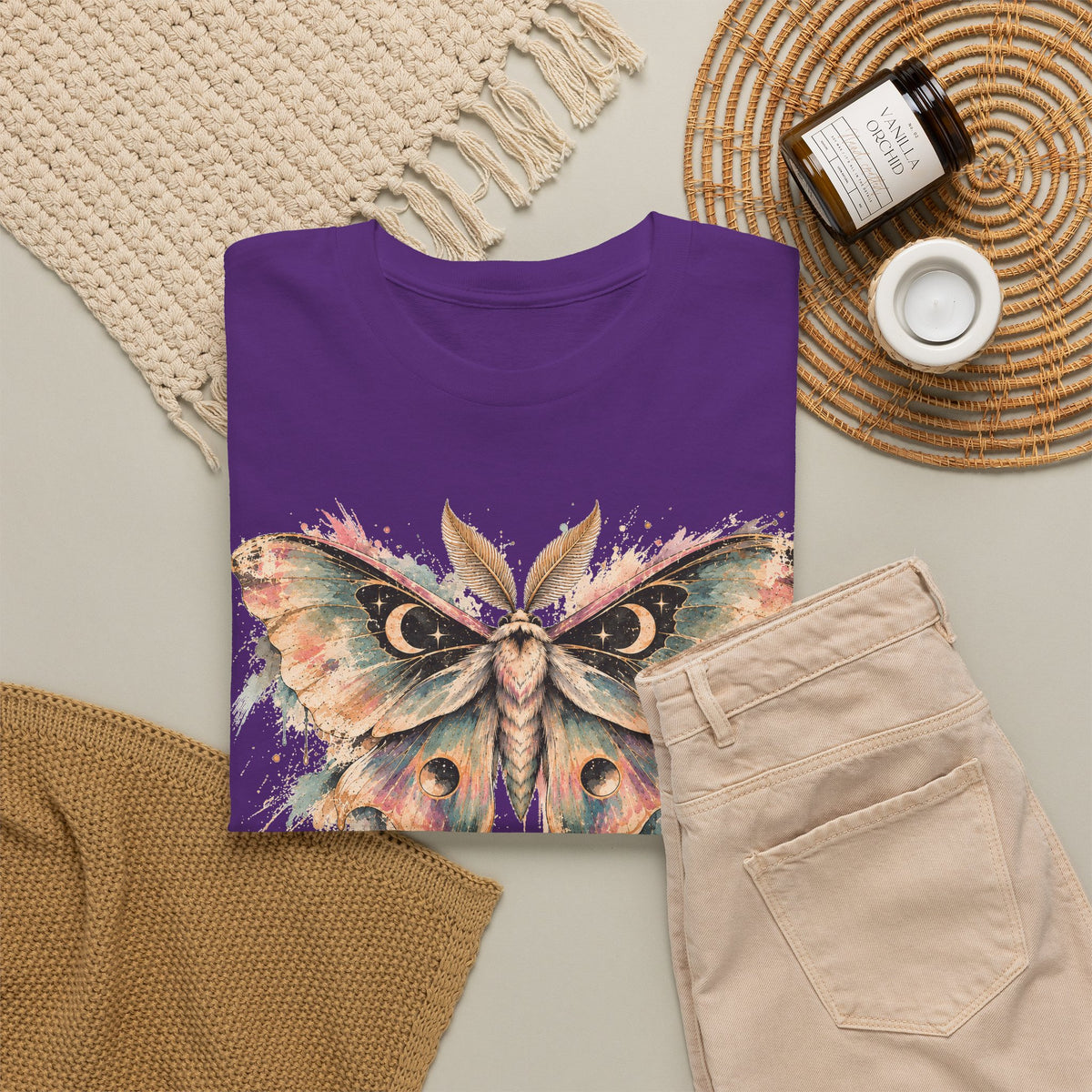 Celestial Luna Moth T-Shirt, Pastel Watercolor Moth Crescent Moon Stars Paint Drip Graphic Tee Unisex
