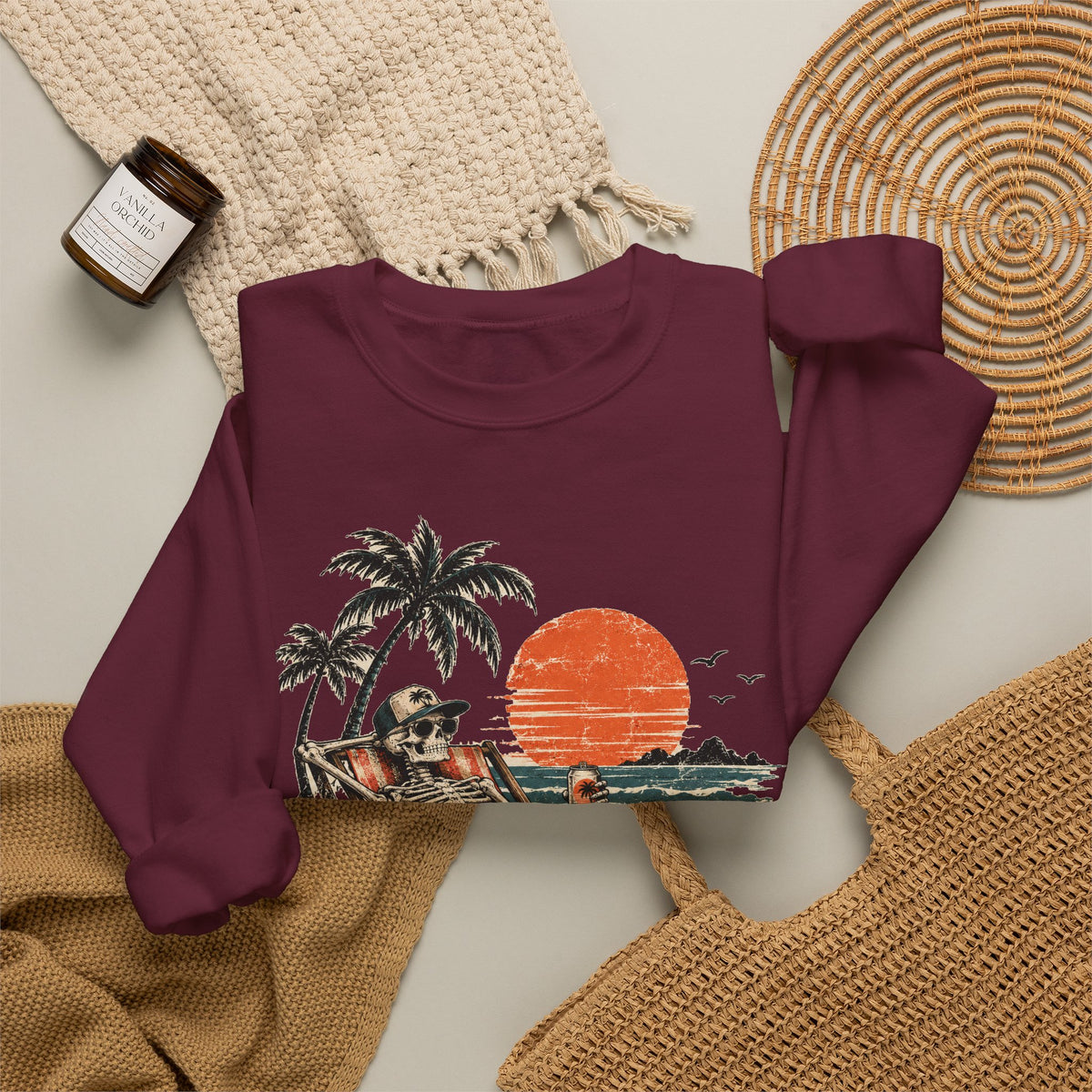 Beach Skeleton Sunset Sweatshirt Palm Trees Vacation Mode Skeleton Crewneck