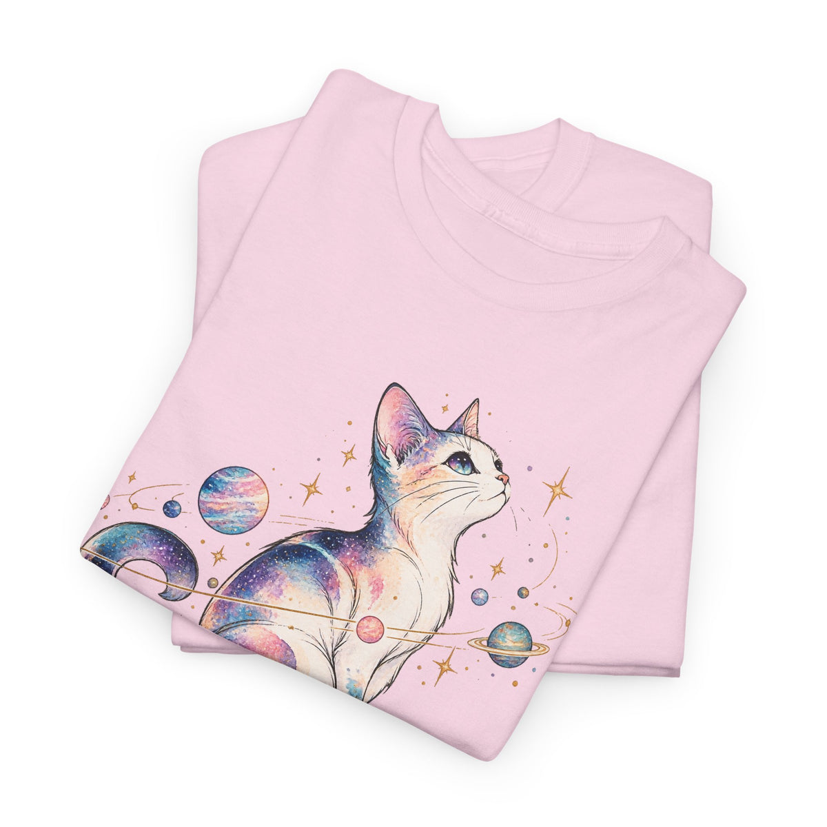 Cosmic Galaxy Cat T-Shirt, Pastel Watercolor Cat Planets Gold Stars Celestial Graphic Tee Unisex