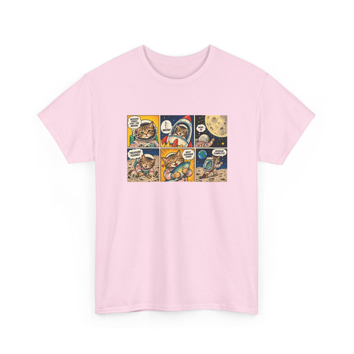 Astronaut Cat Comic T-Shirt, Space Cat Moon Mission Fish Funny Comic Strip Graphic Tee Unisex