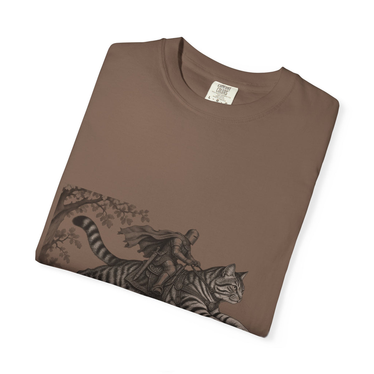 Medieval Knight Riding Leaping Tabby Cat Tee Dark Fantasy Moonlit Cat Shirt