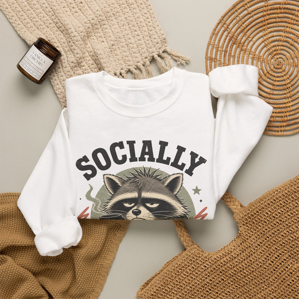 Socially Exhausted Raccoon Sweatshirt Funny Introvert Coffee