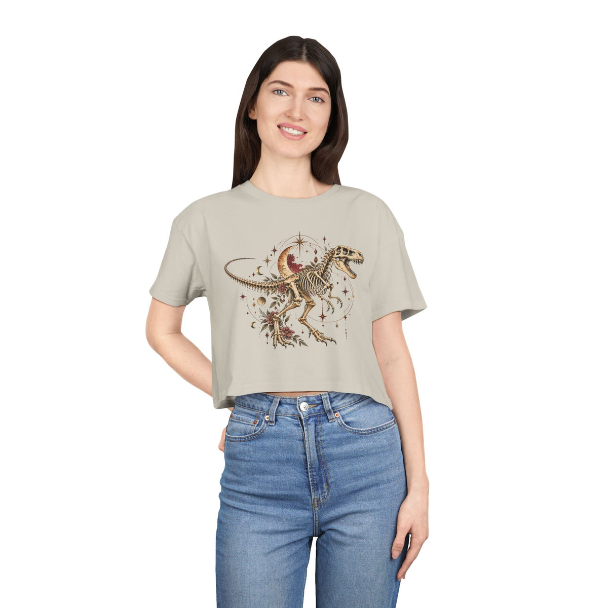 Celestial T-Rex Skeleton Crop Tee, Dark Academia Moon Stars Floral Dinosaur Women's Cropped T-Shirt
