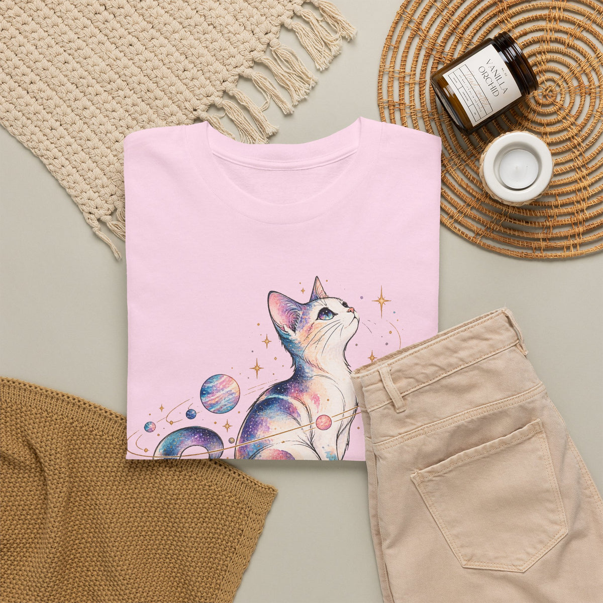 Cosmic Galaxy Cat T-Shirt, Pastel Watercolor Cat Planets Gold Stars Celestial Graphic Tee Unisex