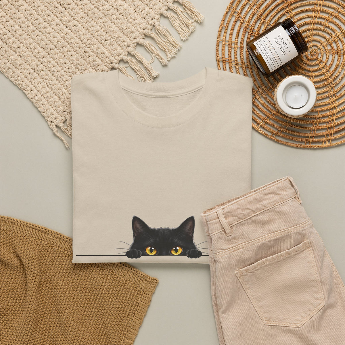 Peeking Black Cat T-Shirt Amber Eyes Over Ledge Funny Cat Lover Tee