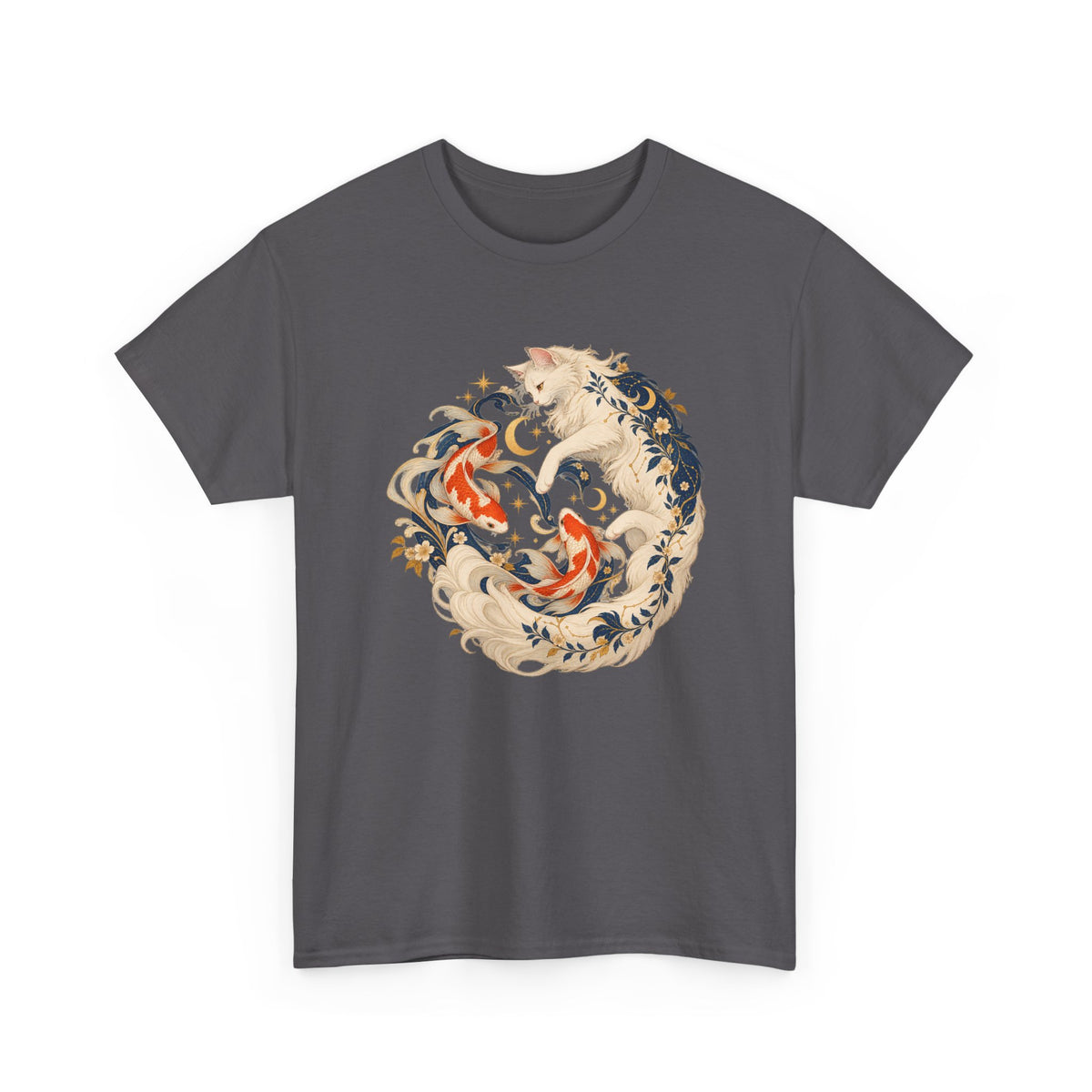White Cat Koi Celestial T-Shirt Yin Yang Floral Cat Fish Tee