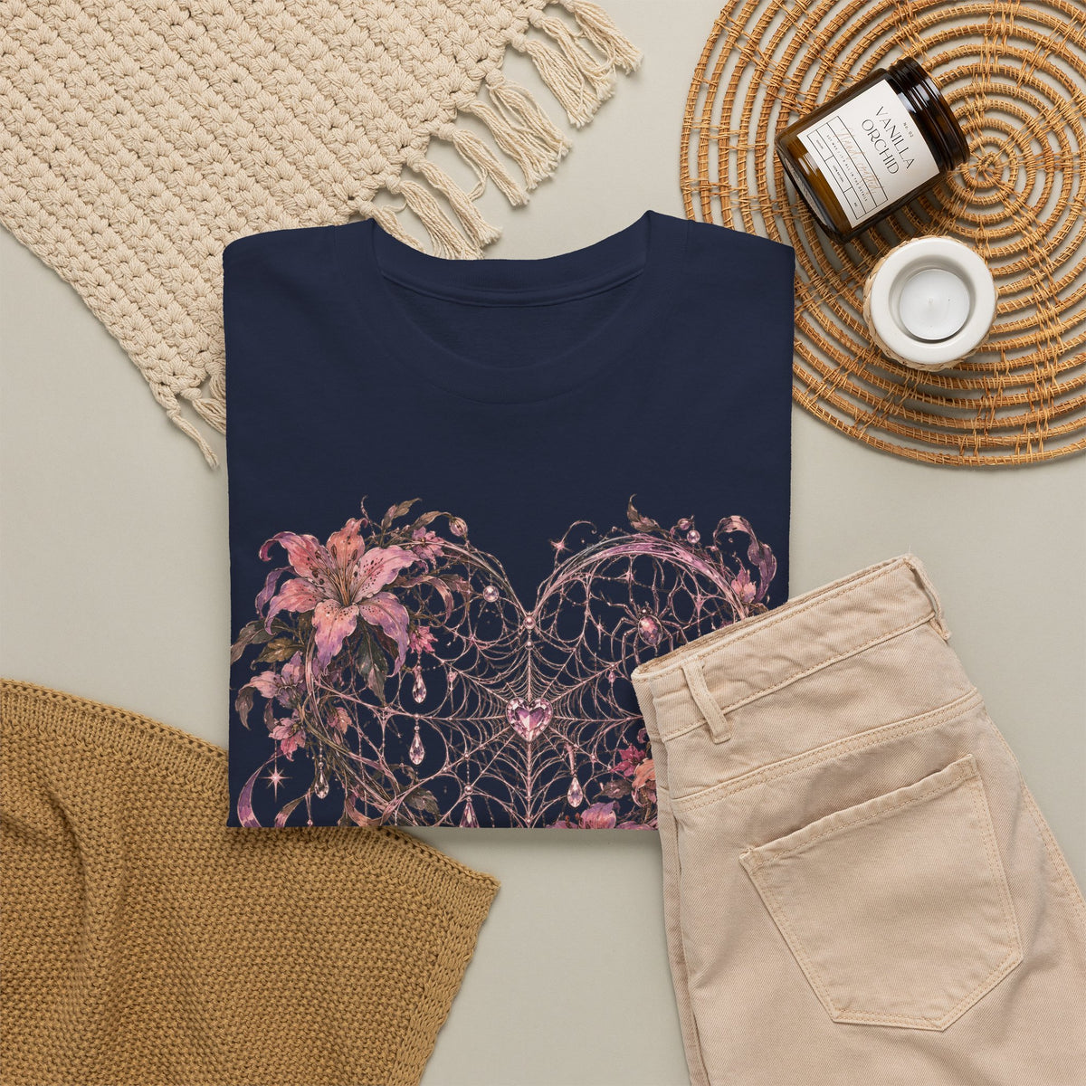 Gothic Spiderweb Heart T-Shirt Pink Lilies Crystal Pastel Goth Graphic Tee