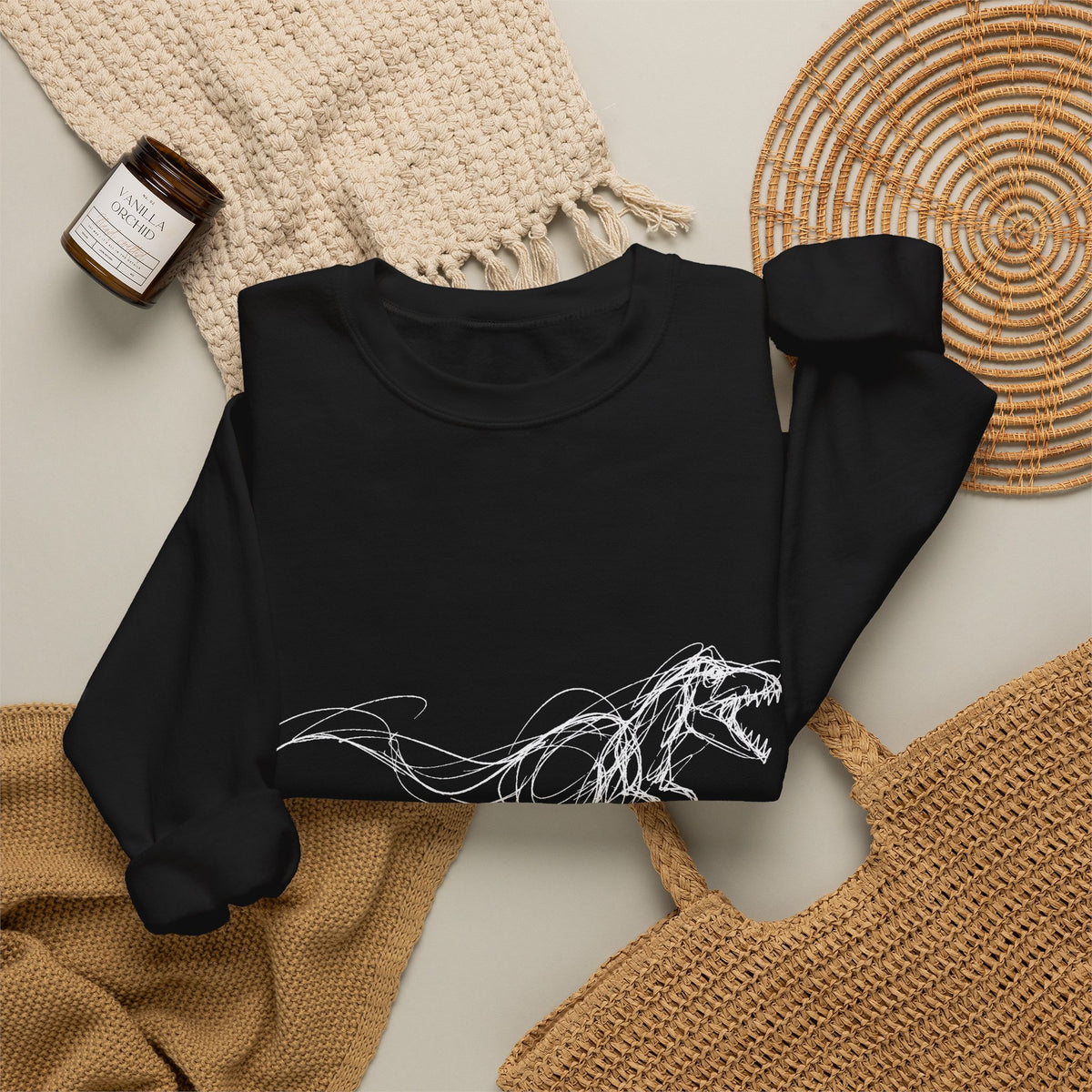 Sketchy White T-Rex on Black Sweatshirt Loose Ink Dinosaur Line Art