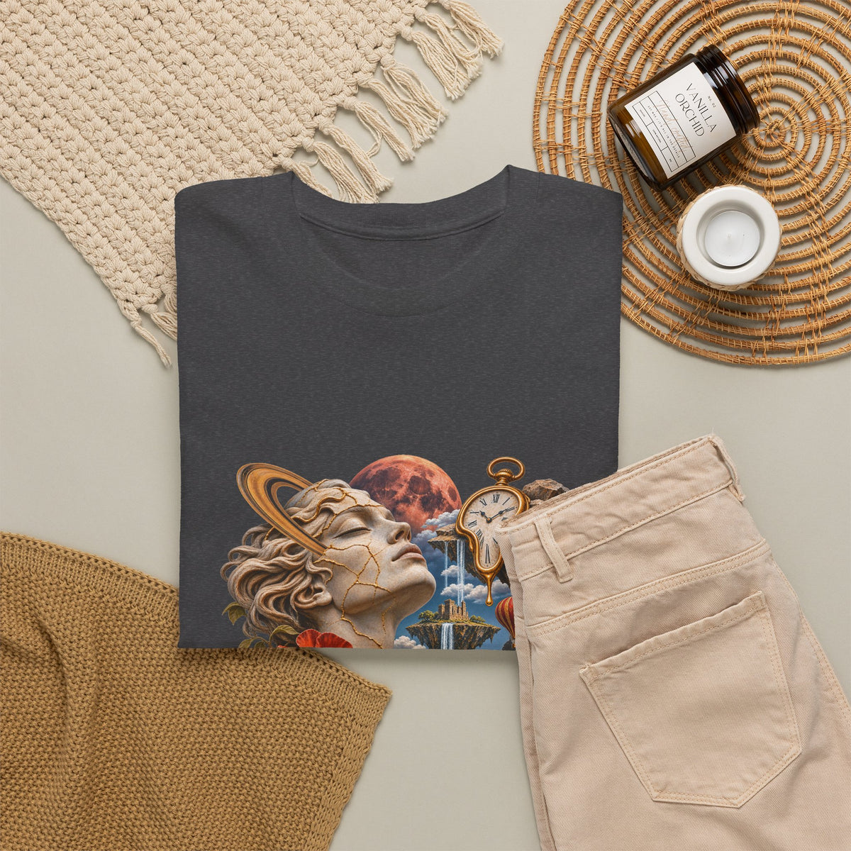 Surreal Kintsugi Bust T-Shirt Melting Clock Floating Islands Celestial Tee
