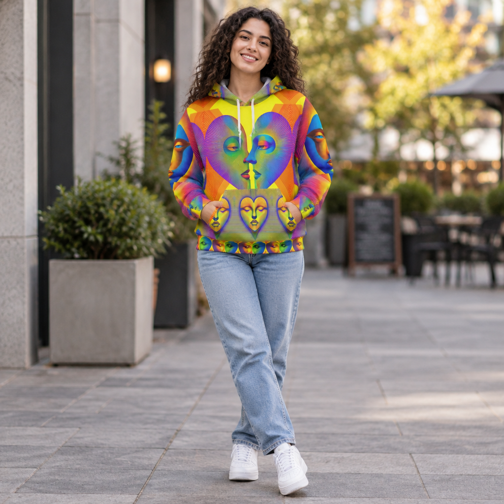 Psychedelic Heart Face Illusion Pullover Hoodie Unisex All Over Print