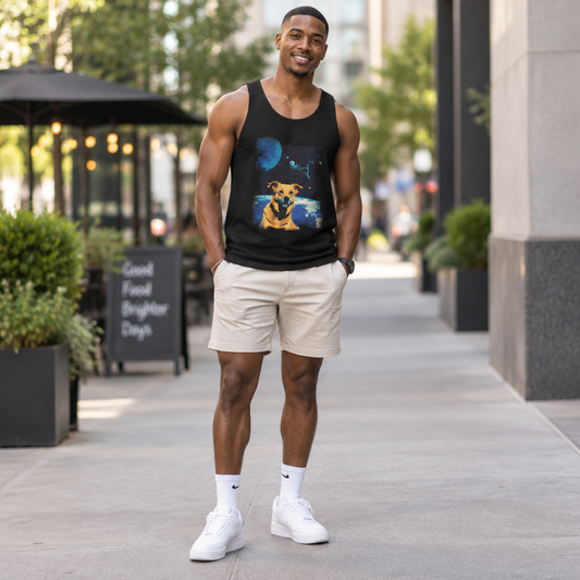 Man wearing a black Space Dog galaxy puppy graphic tank top on a city sidewalk