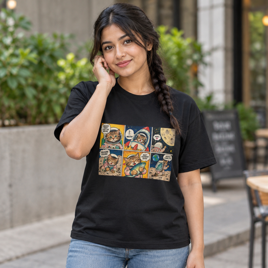 Woman wearing a black Astronaut Cat Comic crop tee on a city street