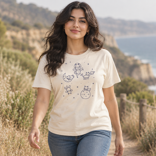 Woman wearing an ivory Cats in Space line art boxy tee on a coastal trail
