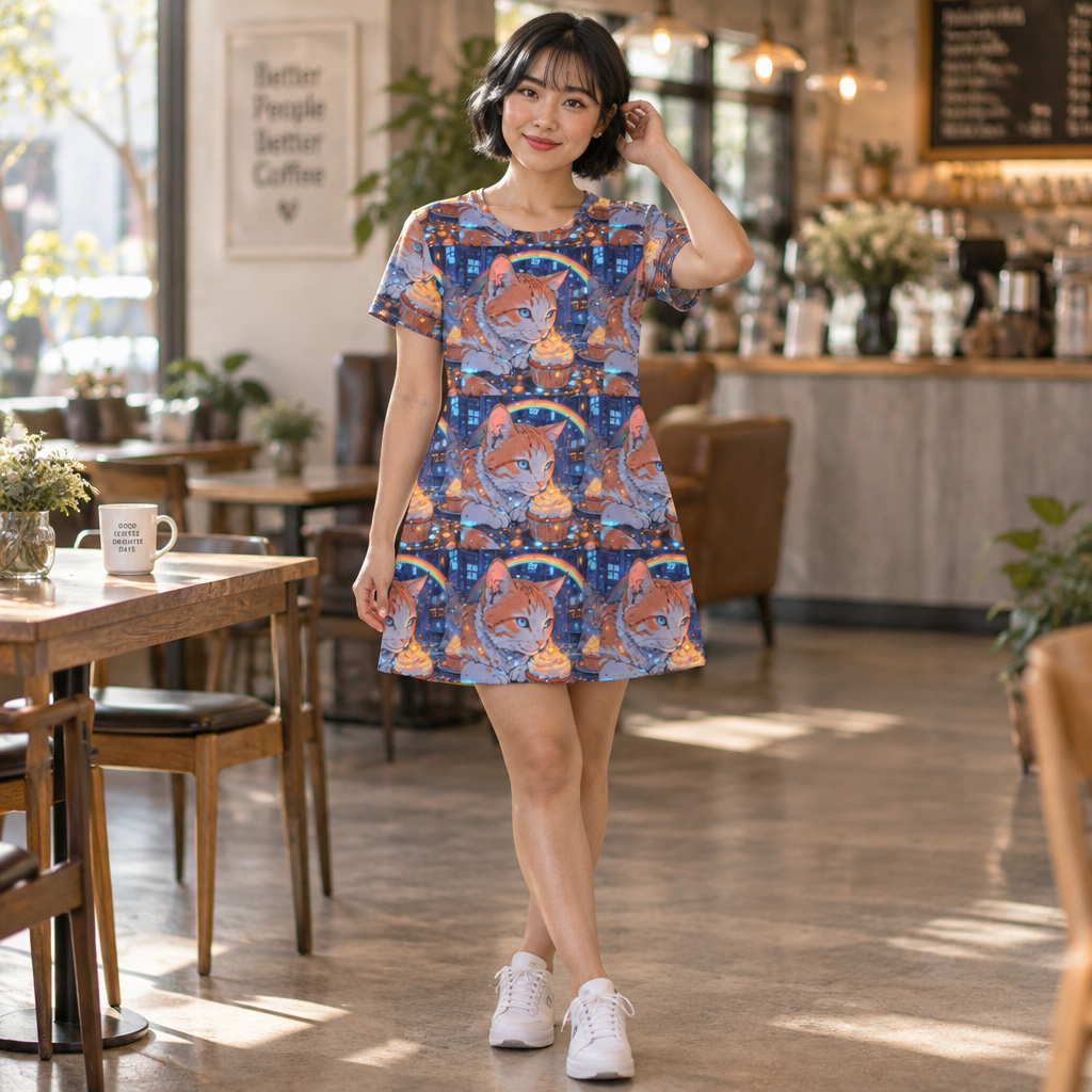 Woman wearing the Cat Cupcakes rainbow print T-shirt dress in a cafe