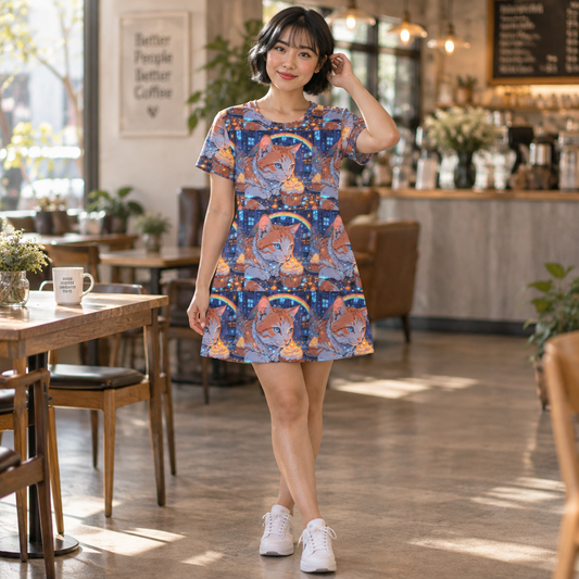 Woman wearing the Cat Cupcakes rainbow print T-shirt dress in a cafe