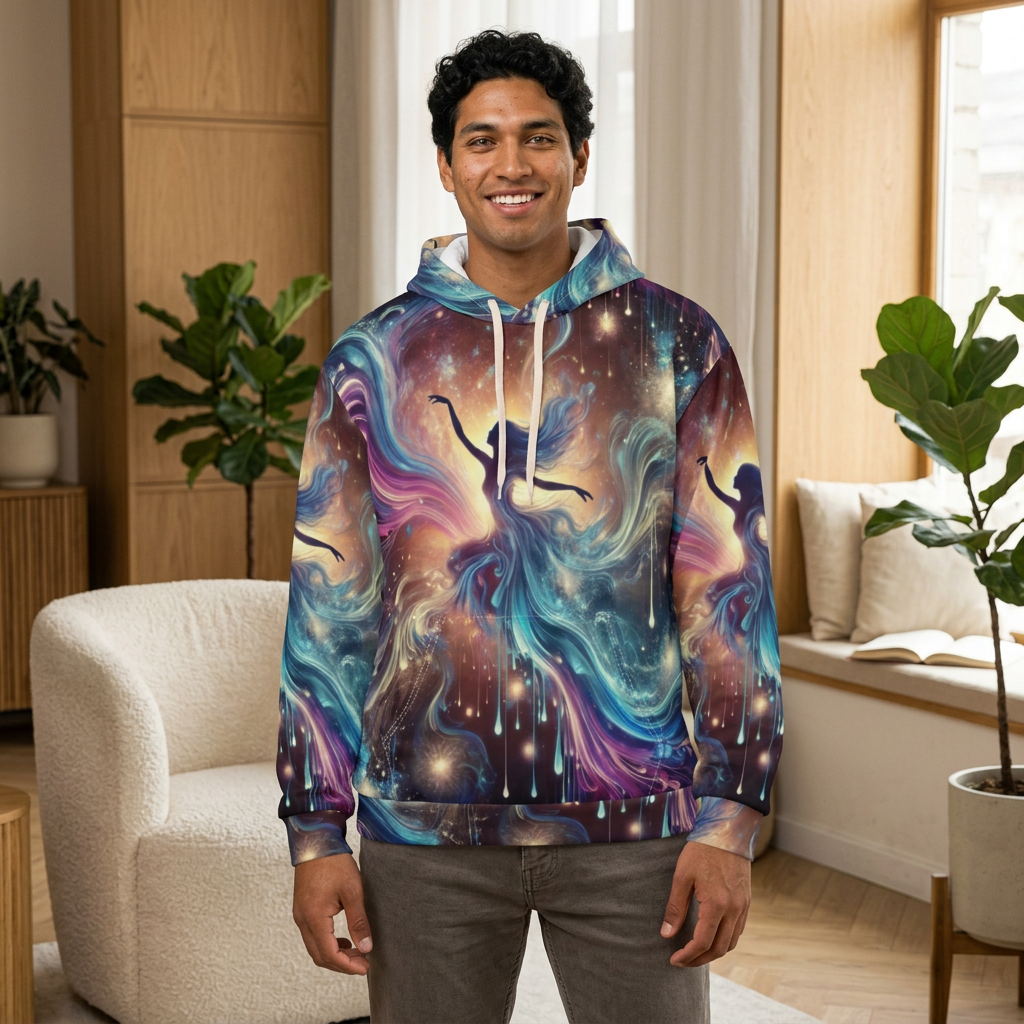 Man wearing the Cosmic Dancer galaxy swirl all over print hoodie in a living room
