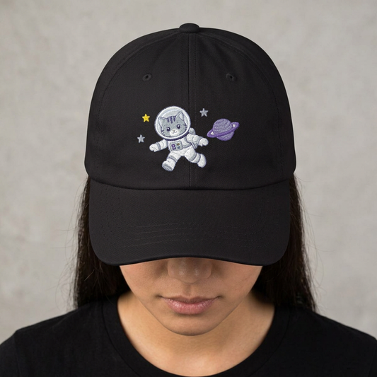 Woman wearing a black Cat Astronaut embroidered dad hat