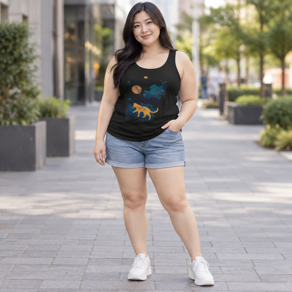 Woman wearing the black Space Cat galaxy kitty graphic tank top