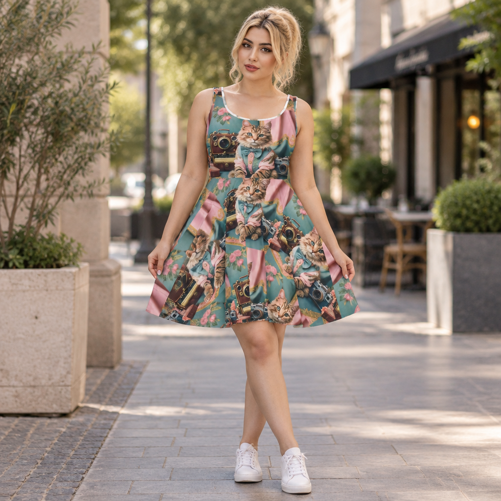 Woman wearing the Cat Photographer Bow Tie print skater dress on a city street