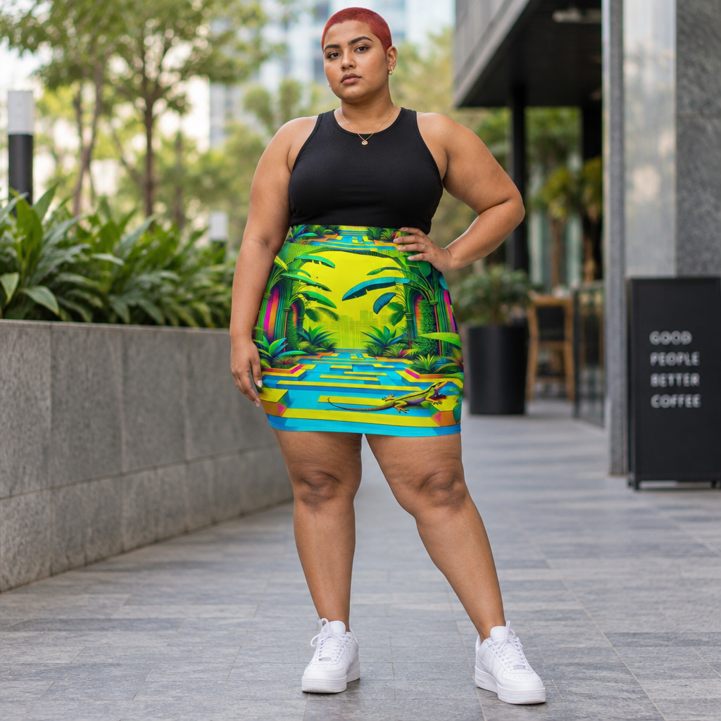 Woman wearing the Tropical Plants and Lizard print pencil skirt on a city street