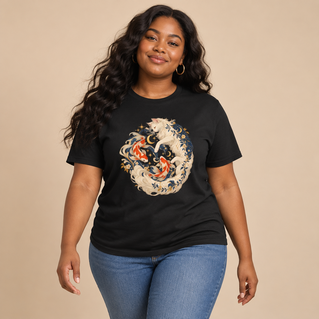 Woman wearing the White Cat Koi Celestial yin yang floral cat and fish graphic t-shirt in black