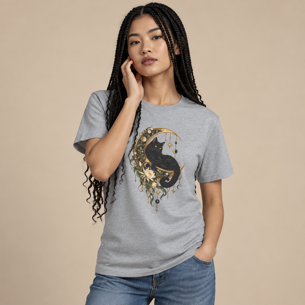 Woman wearing the Black Cat Golden Moon celestial witchy cat graphic t-shirt in sport grey