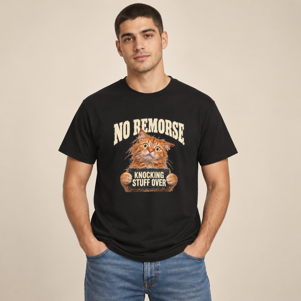 Man wearing the No Remorse Knocking Stuff Over funny cat mugshot t-shirt in black