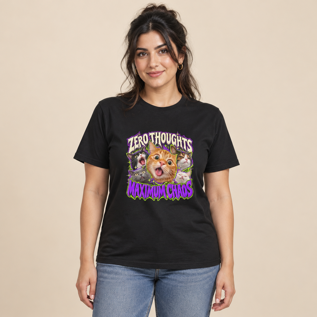 Woman wearing the Zero Thoughts Maximum Chaos funny cat meme t-shirt in black