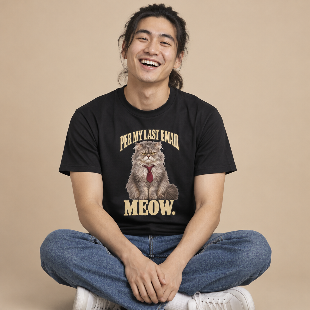 Man wearing the Per My Last Email Meow funny office cat t-shirt in black