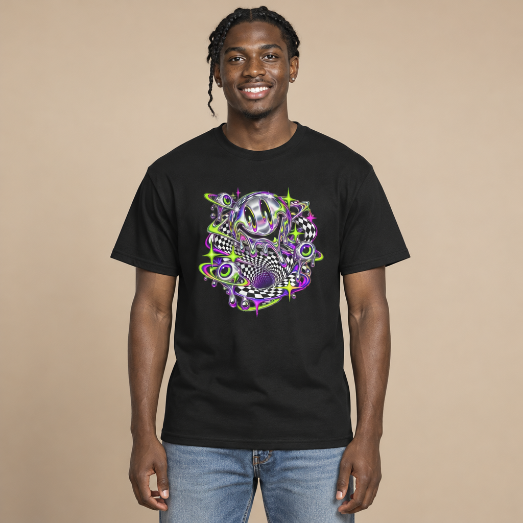 Man wearing the Chrome Melting Smiley acid trippy psychedelic graphic t-shirt in black