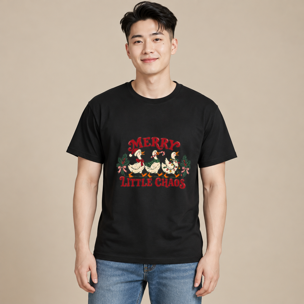 Man wearing the Merry Little Chaos Christmas geese funny holiday t-shirt in black
