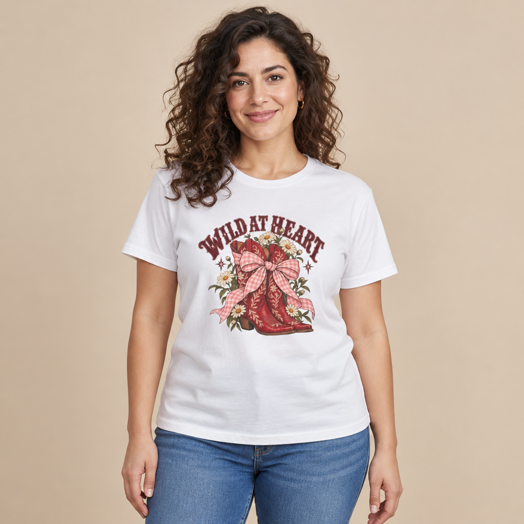 Woman wearing the Wild at Heart cowboy boots western floral t-shirt in white