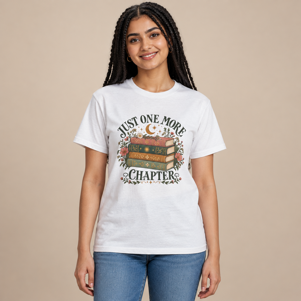Woman wearing the Just One More Chapter book lover floral stacked books t-shirt in white