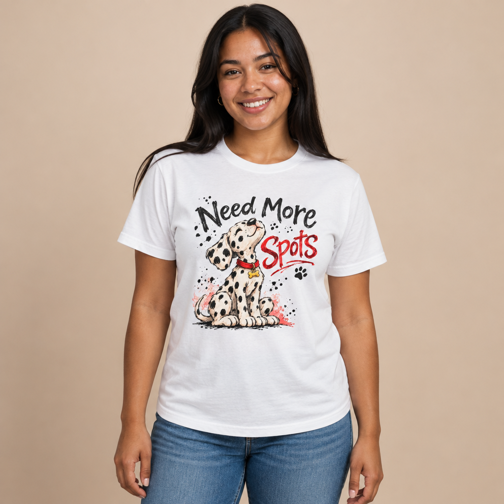 Woman wearing the Need More Spots Dalmatian puppy funny dog lover t-shirt in white