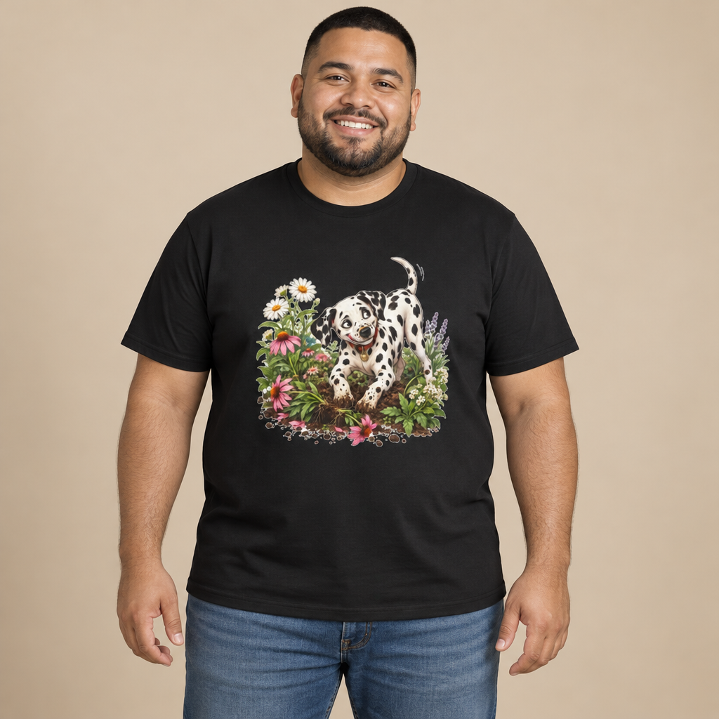 Man wearing the Dalmatian Digging Garden funny puppy flower t-shirt in black